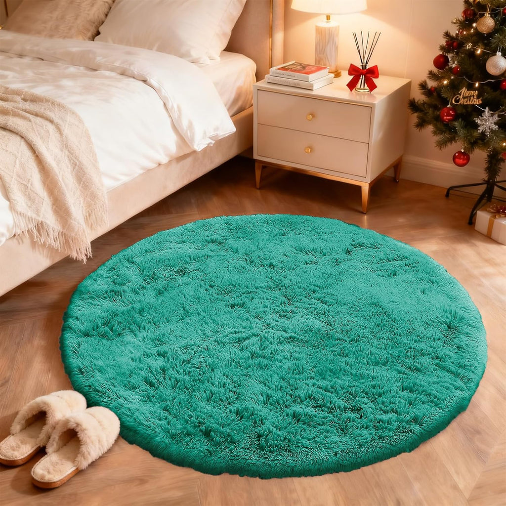 OLANLY Teal Green Round Rug - Soft, Fluffy Shaggy Carpet | 9 ft Machine Washable Area Rug for Bedroom & Living Room Decor