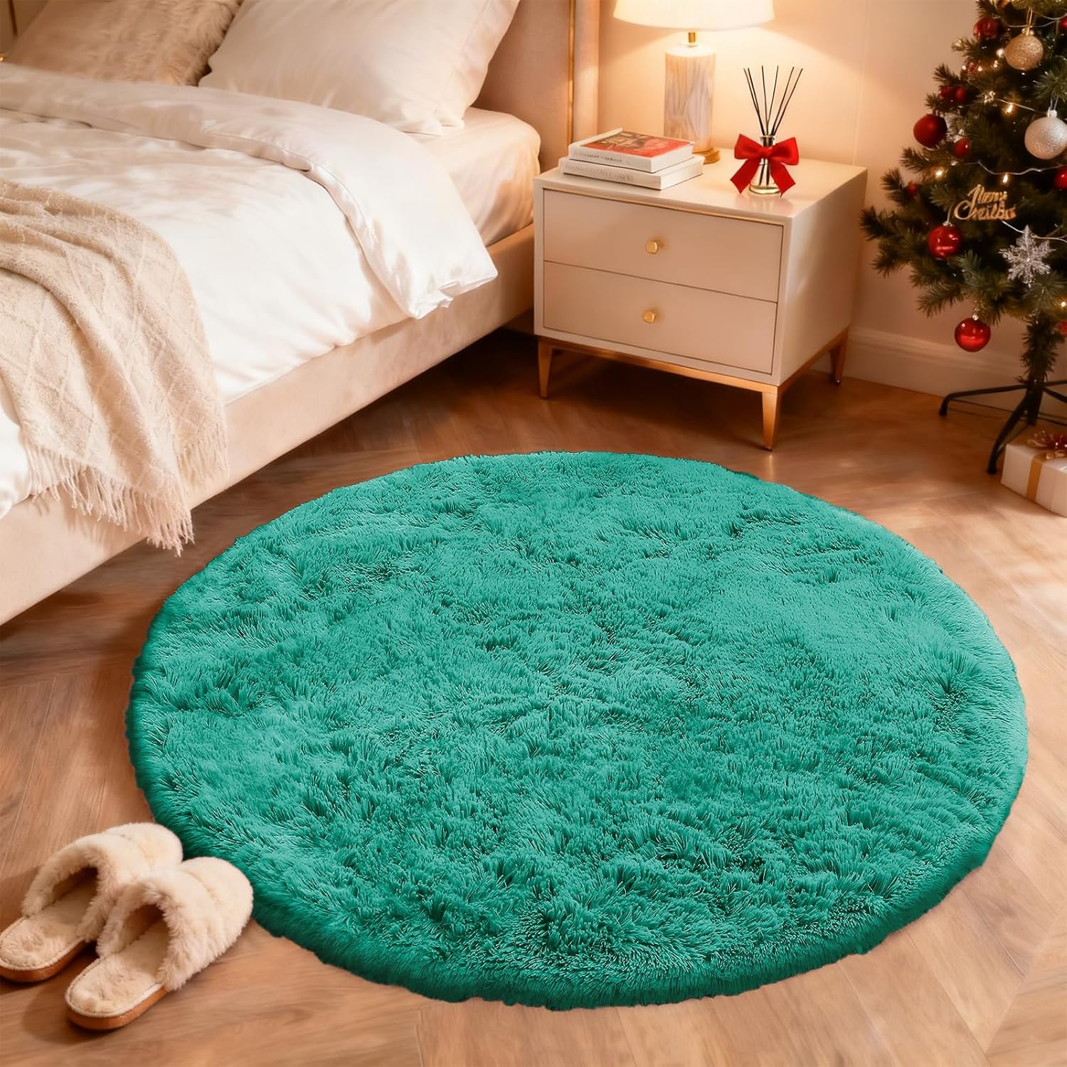 OLANLY Teal Green Round Rug - Soft, Fluffy Shaggy Carpet | 9 ft Machine Washable Area Rug for Bedroom & Living Room Decor