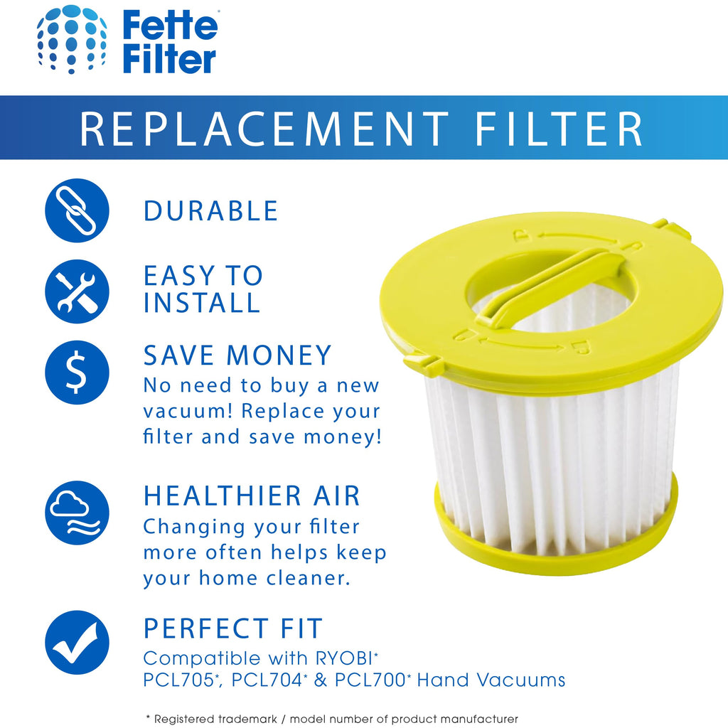 Fette Filter - Vacuum Filter Replacement Compatible with Ryobi ONE+ 18V Models PCL700 PCL704 PCL705 Part # A32F05N A32HF00 Compatible with Hoover BH57400V - Pack of 6