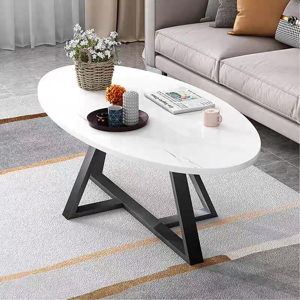 Wolawu Coffee Table Small Oval Table,White Faux Marble Table for Living Room, Modern Center Tea Tables for Small Space,Wooden Tables End Tables with Sturdy Black Metal Leg