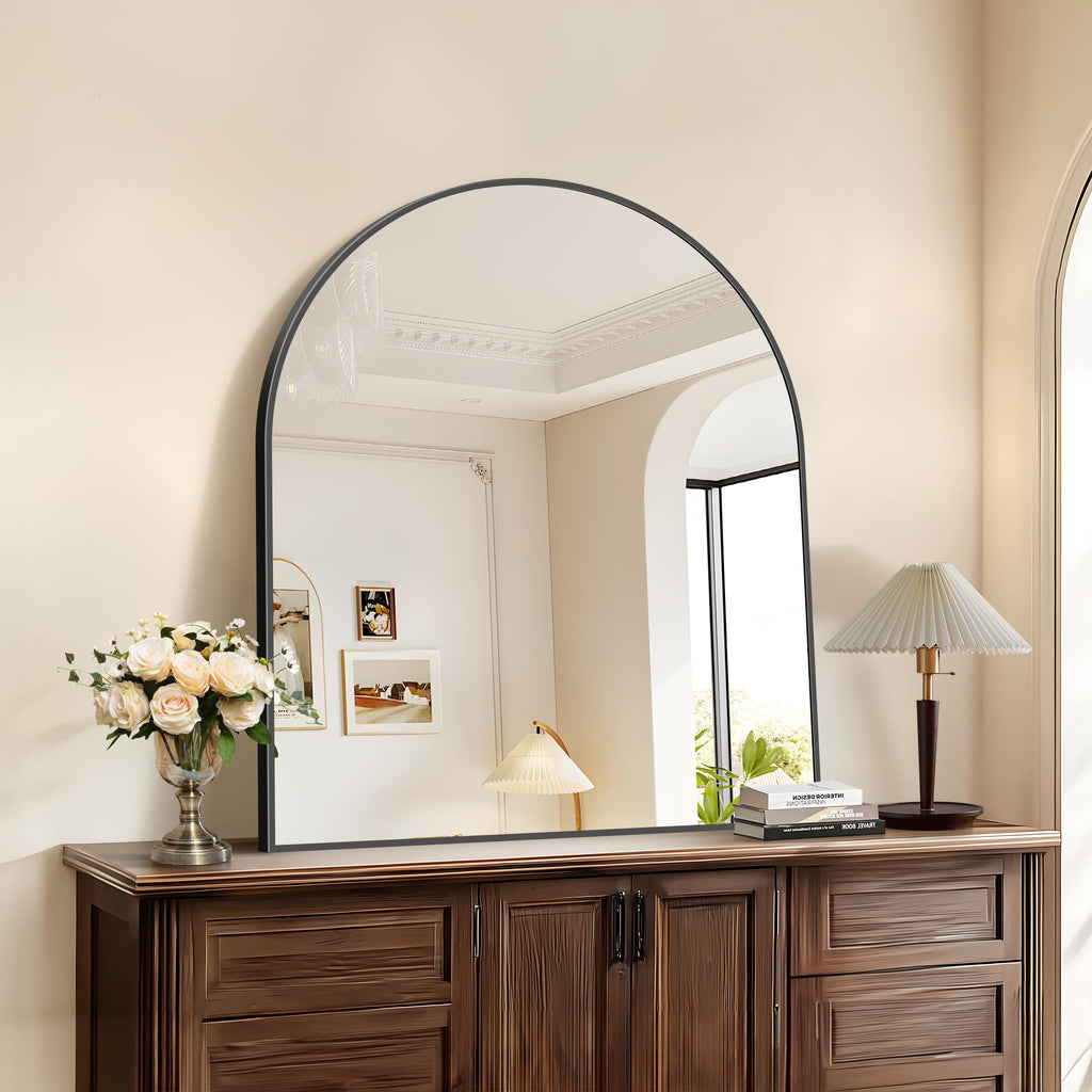 COFENY Black Arch Mirror, 30’’x36’’ Black Mirror for Bathroom, Wide Arched Bathroom Mirror with Metal Wall Mounted Mirror for Bedroom Living Room Entryway Modern