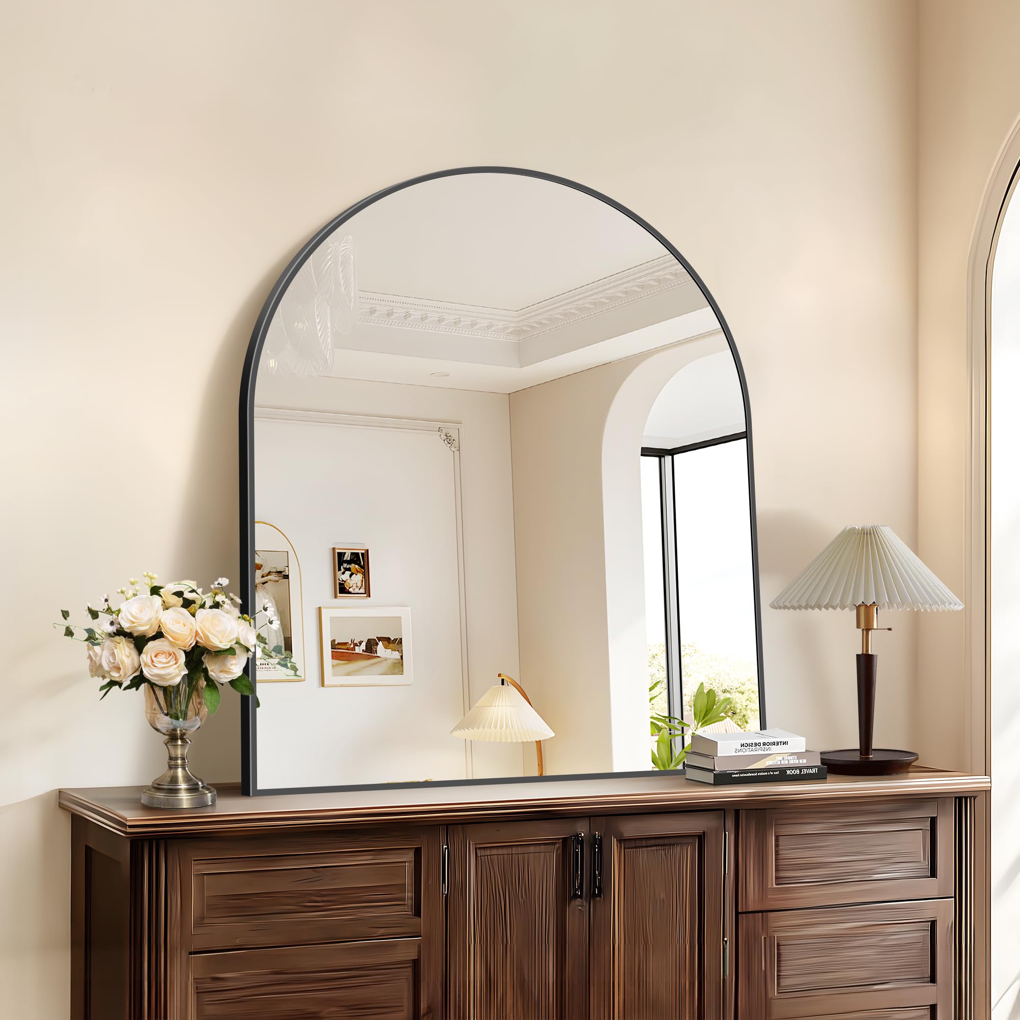 COFENY Black Arch Mirror, 30’’x36’’ Black Mirror for Bathroom, Wide Arched Bathroom Mirror with Metal Wall Mounted Mirror for Bedroom Living Room Entryway Modern