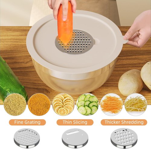 Fyrnova Mixing Bowls Set - 6-Piece Stainless Steel Nesting Bowls with Lids & Grater Attachments | Non-Slip Bottoms