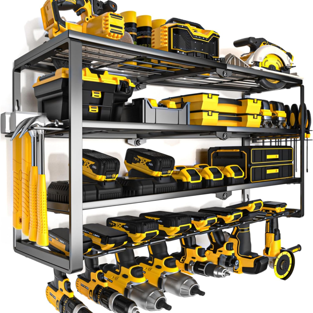 YYR Power Tool Organizer - 4 Layer Wall Mount Storage Rack with Charging Station | 32 Inch, 8 Slots for Garage & Workshop