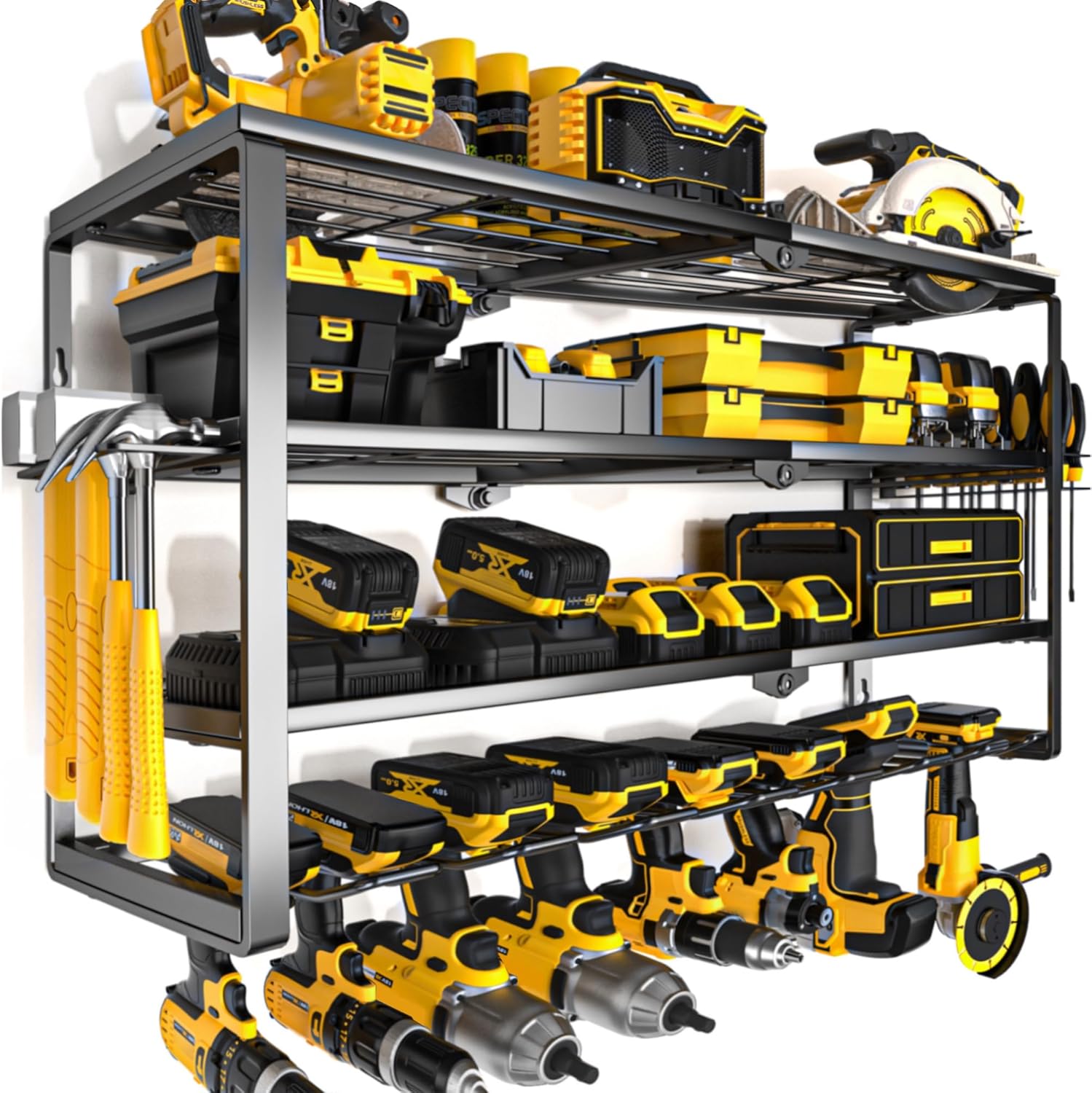 YYR Power Tool Organizer - 4 Layer Wall Mount Storage Rack with Charging Station | 32 Inch, 8 Slots for Garage & Workshop