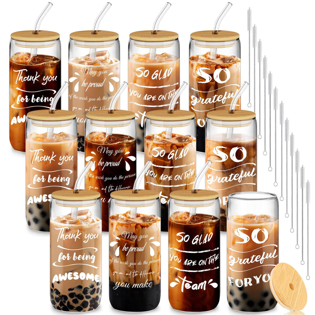 12 Set Employee Appreciation Gift, Inspirational Thank You for Women Best Friends, Teacher, Nurse, Boss, Staff - Farewell for Coworkers, 20oz Glass Cups With Lids and Straws (Mixed)