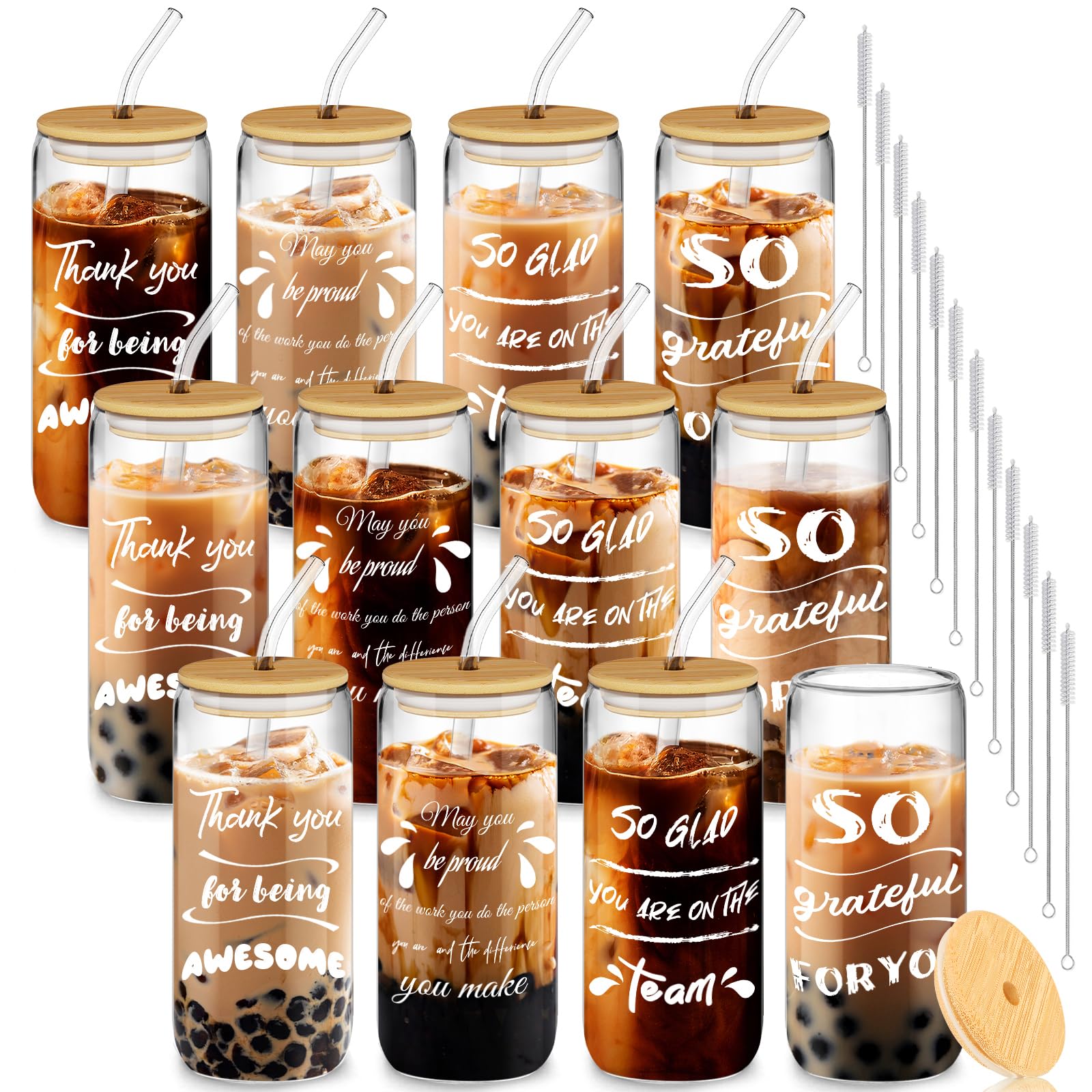 12 Set Employee Appreciation Gift, Inspirational Thank You for Women Best Friends, Teacher, Nurse, Boss, Staff - Farewell for Coworkers, 20oz Glass Cups With Lids and Straws (Mixed)