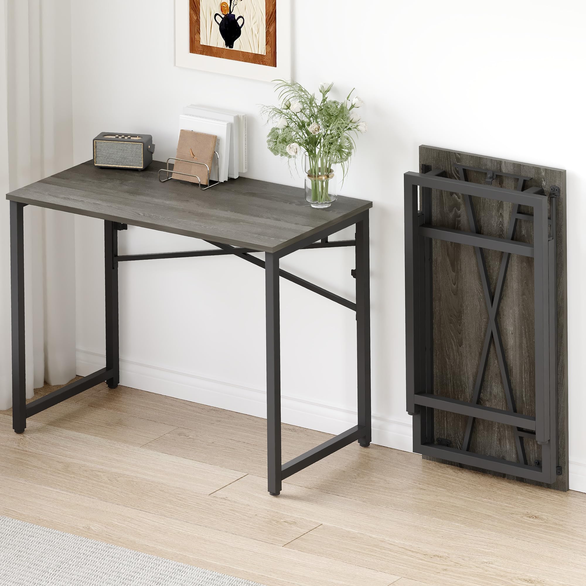 EMODA 40 inch Folding Desk No Assembly Required Home Office Desk Study Writing Gaming Computer Table, Black Oak