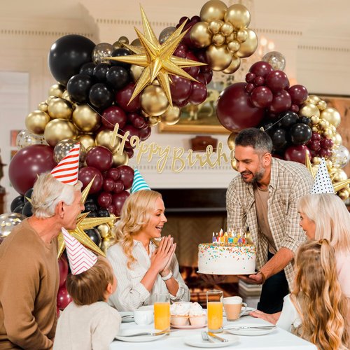 FOTIOMRG Burgundy Balloon Arch Garland Kit with Burgundy Maroon Black Gold Foil Balloons for Birthday Graduation Bridal Shower Party Decorations
