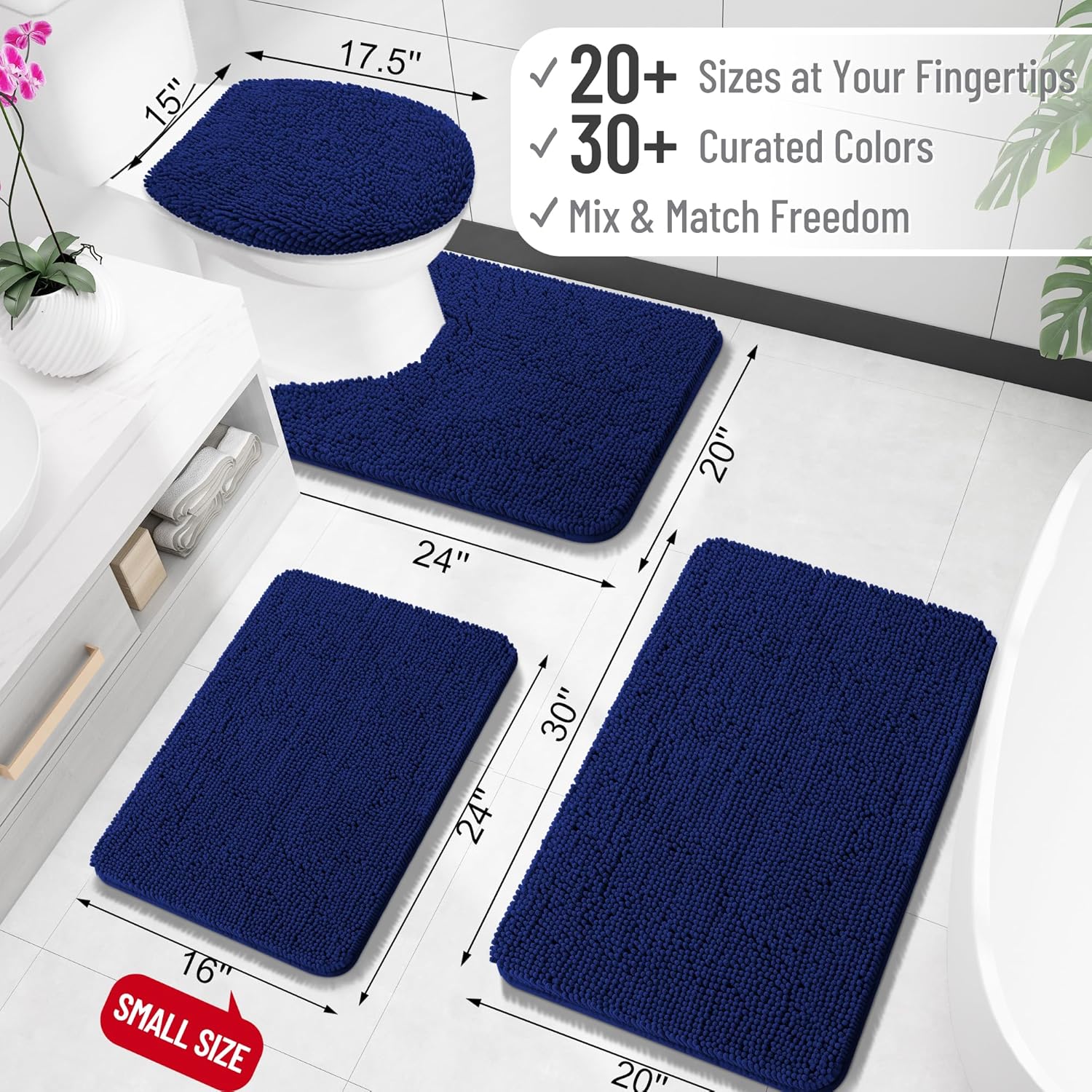 OLANLY U-Shaped Toilet Rugs - Extra Soft Chenille, Quick-Dry, Non-Slip Bath Mat | 20x20 Navy