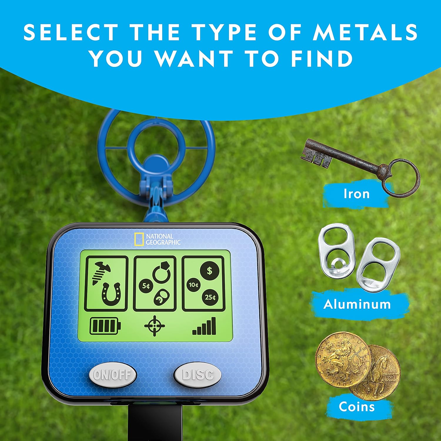 National Geographic Metal Detector for Kids - Waterproof 7.4" Coil, Lightweight with Pinpoint Function & LCD Display