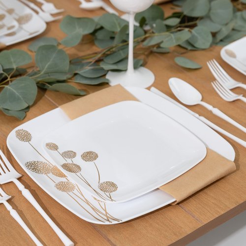 PLASTICPRO Square 128 Piece Combo Plates Set includes 64 x 7'' inch Salad Plates & 64 x 10'' inch Dinner Plates White Plastic with Gold Dandelion Design Party Plates, heavyweight Elegant,
