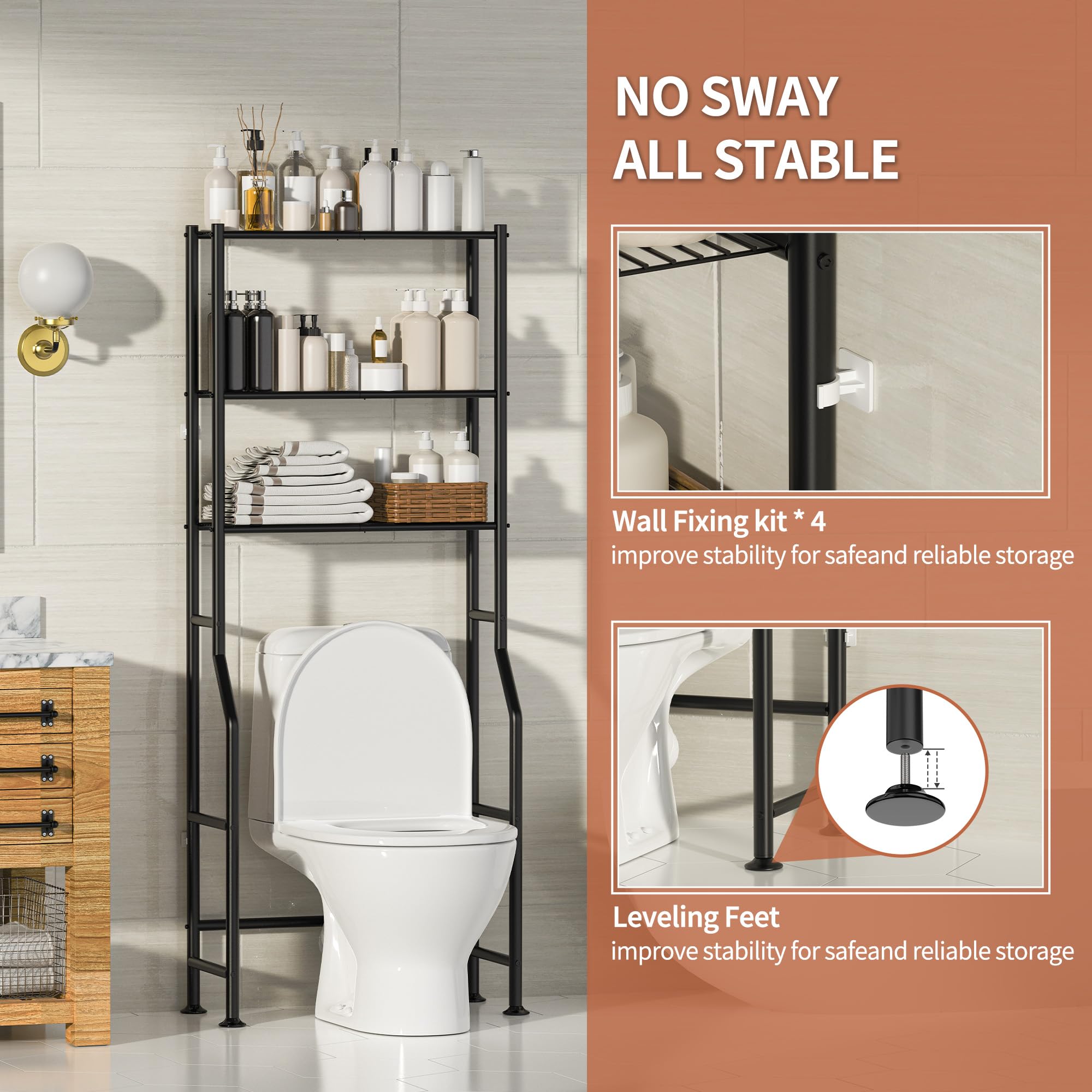 ASCENREST 3-Tier Over The Toilet Storage, Freestanding Metal Bathroom Shelves, Space Saver Above The Over Toilet Storage Shelf for Bathroom (Black)