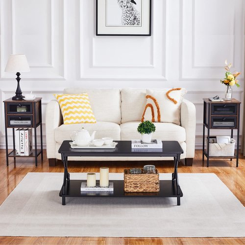 VECELO 39-Inch Coffee Table with Storage and Open Shelves for Living Dining Room, Modern Rectangle & Industrial Design, X-Shape Frame, Black