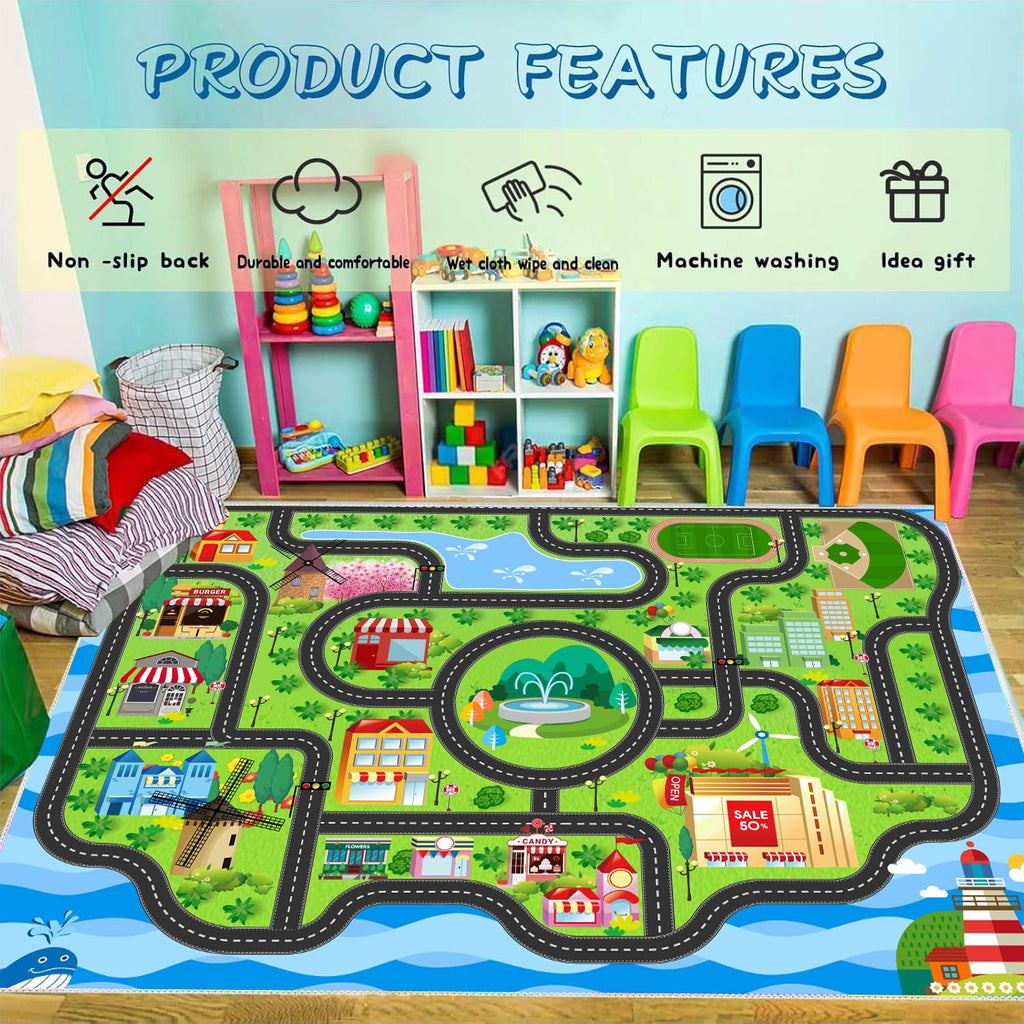nanshiba Car Rug,Kids Play Rug with Roads,Playroom Toy Car Rug, Car Track Rug City Map for Bedroom Classroom - (78.7X59 Inches)