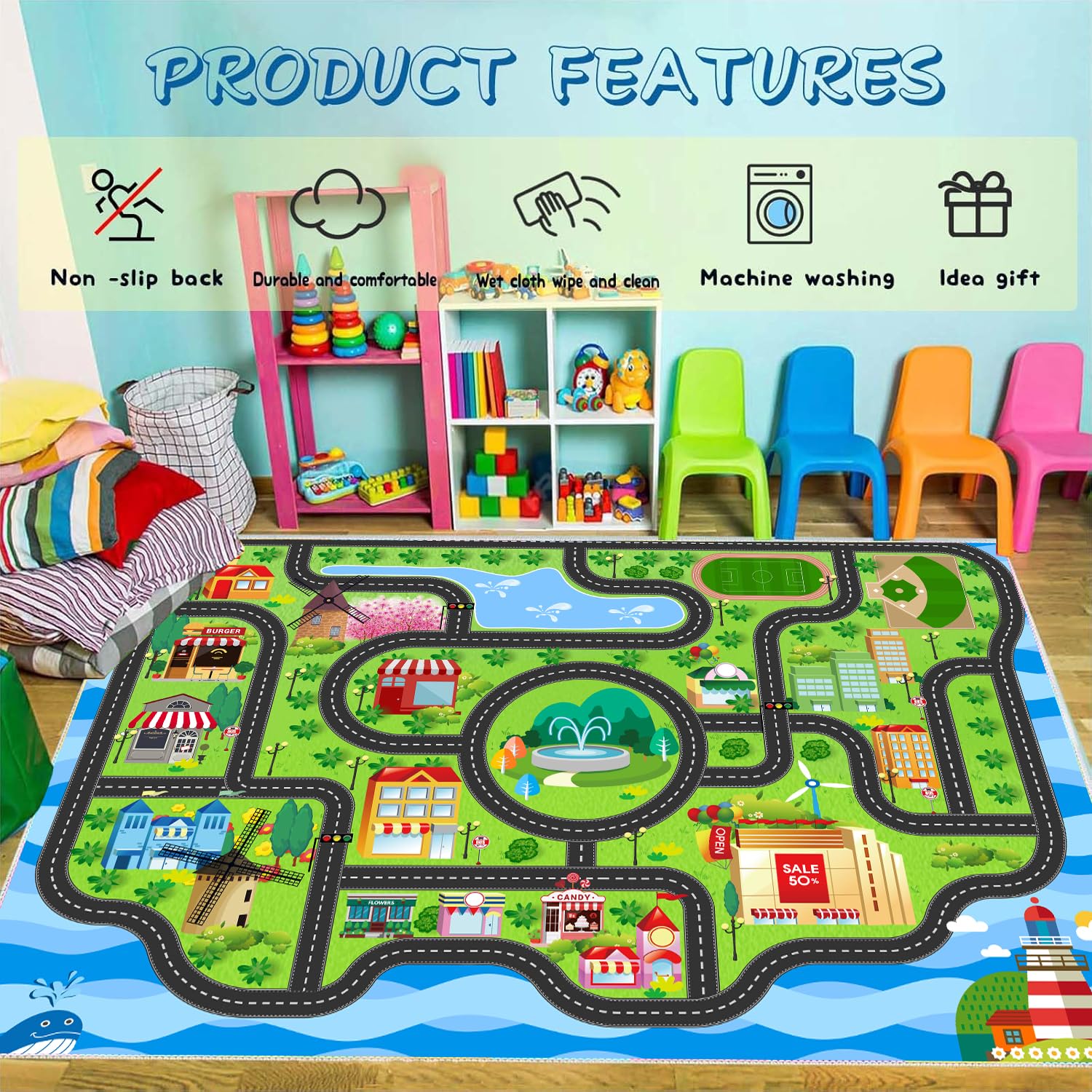 nanshiba Car Rug,Kids Play Rug with Roads,Playroom Toy Car Rug, Car Track Rug City Map for Bedroom Classroom - (78.7X59 Inches)
