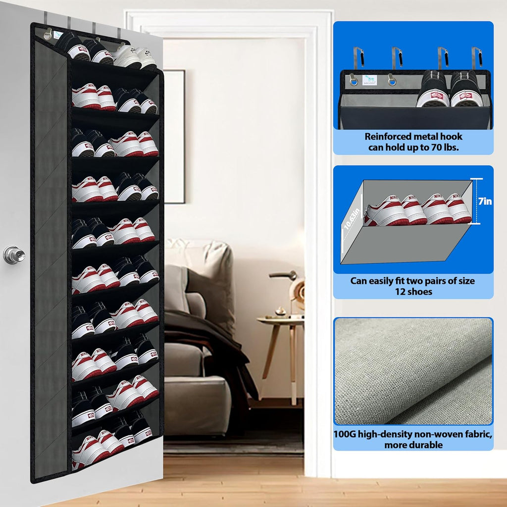 Skiennix Shoe Organizer - 70 lbs Capacity Over The Door Rack | 10-Tier Anti-Scratch Design in Grey/Black