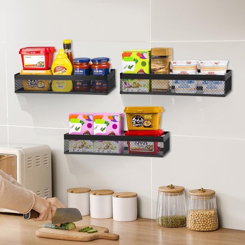 Wetheny Hanging Wall Mount Storage Baskets with Adhesive Hooks & Screwing, Metal Wire Organizer Baskets for Home Decor, Kitchen, Bathroom, Pantry, Laundry, Closet, Garage, RV Black 2 Packs (Netting)