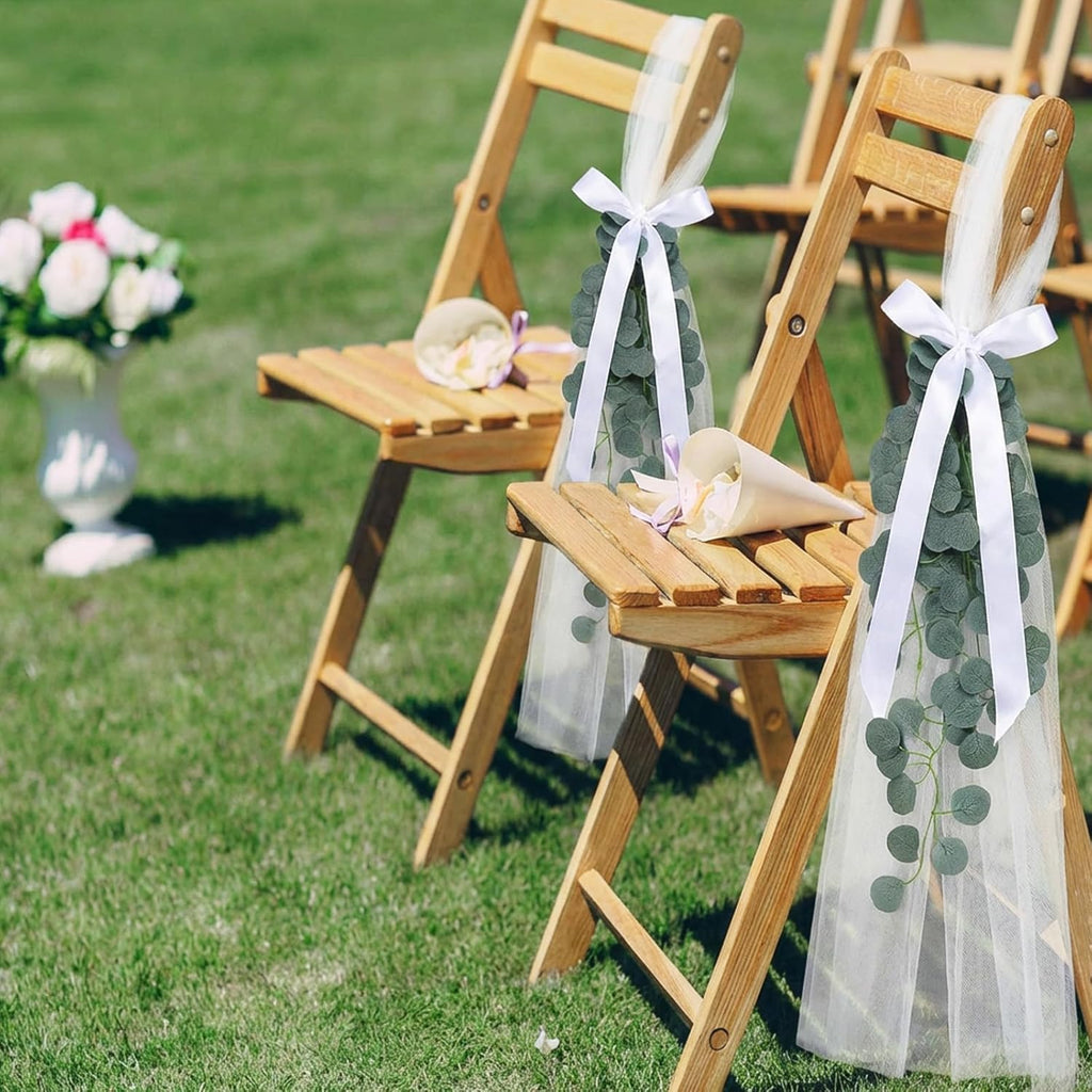 Skiennix Wedding Chair Decorations - 24 White Tulle Sashes with Ribbon Bows & Eucalyptus Vines | Perfect for Aisle & Ceremony
