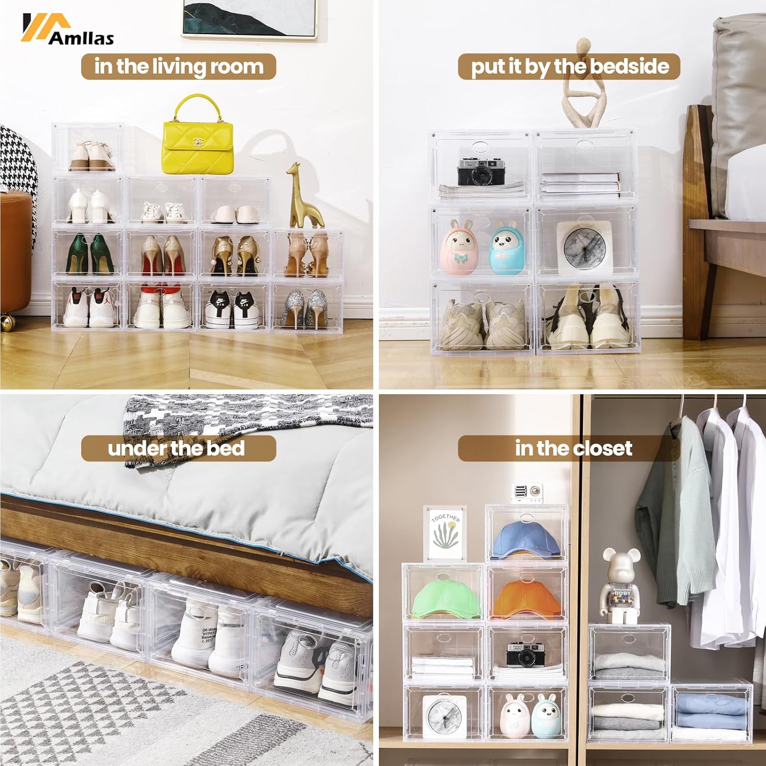 Amllas Clear Shoe Storage Boxes - Stackable & Sturdy Containers for Closet | Fits Up to US Size 12 (13.8”x 9.84”x 7.1”)