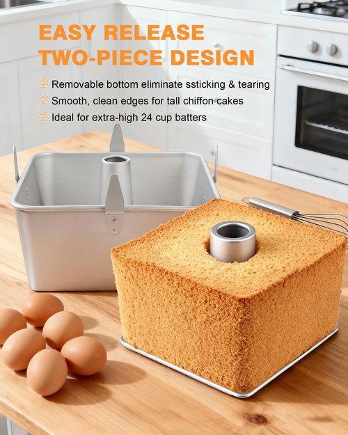 Roicaholy Square Angel Food Cake Pan with Removable Bottom, 9.5 Inch Aluminum Alloy Tube Pan with Cooling Feet, 24-Cup Capacity for Chiffon and Sponge Cakes