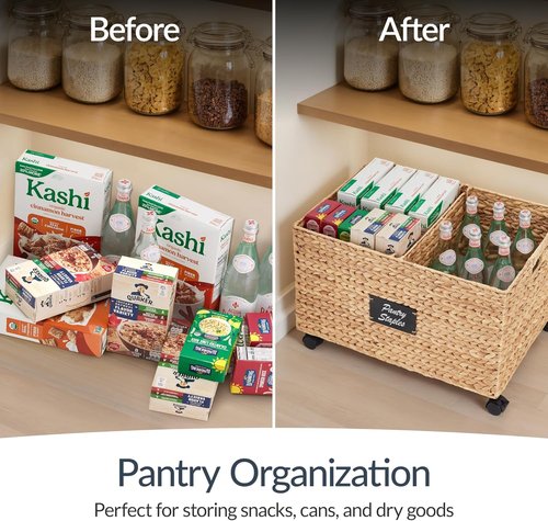 Best Choice Products Rolling Pantry Storage Basket - Versatile Organizer with Chalkboard Label & Removable Divider | Natural Water Hyacinth for Kitchen & Home
