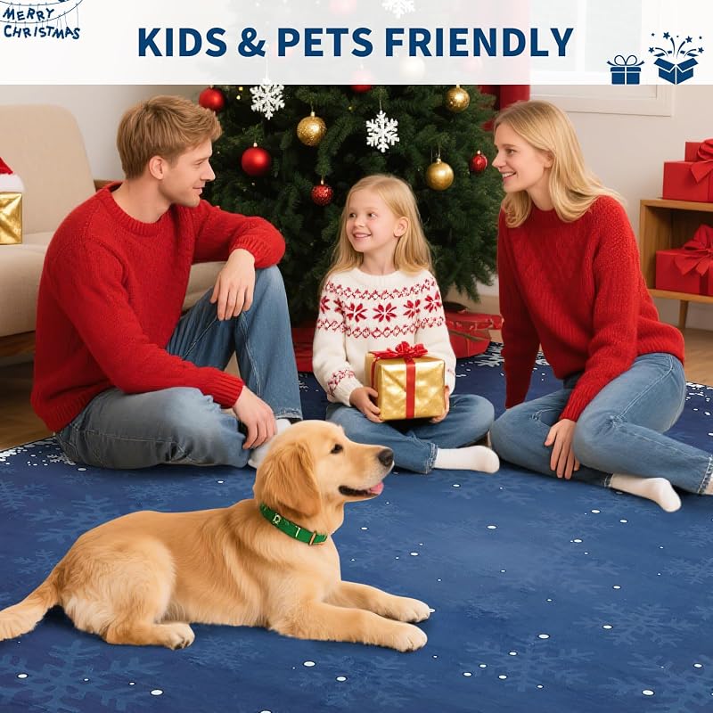 5' x 7' Xmas Snow Blue Non-Slip Area Rug - Machine Washable Holiday Living Room Carpet