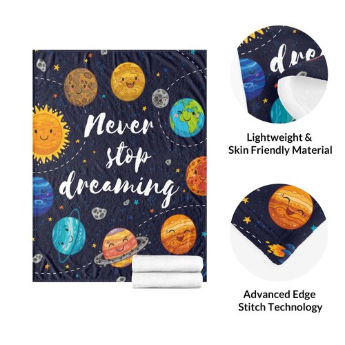 Space Blanket for Kids, Cute Outer Space Never Stop Dreaming Solar System Fuzzy Flannel Exploring Throw Blanket for Boys Girls Soft Cozy Plush Imagination Blanket for Couch Home Bedroom 50x40 inches