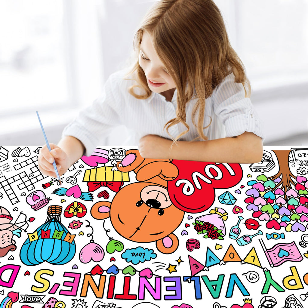 EUVBOKW Giant Valentine's Day Coloring Tablecloth, Large Happy Valentine Coloring Poster for Home Birthday Party Supplies, 30x72 Inches