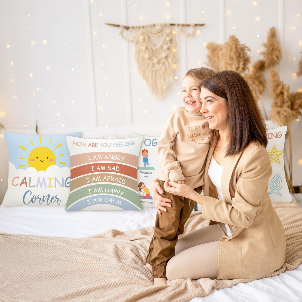 EDaozkend Boho Calming Corner Pillow Covers, 4Pcs Back to School 18x18 Boho Calm Down Corner Therapy Pillowcase for Mental Health Room Home, Emotion Feelings Pillow Covers Inspirational Gifts for Kids
