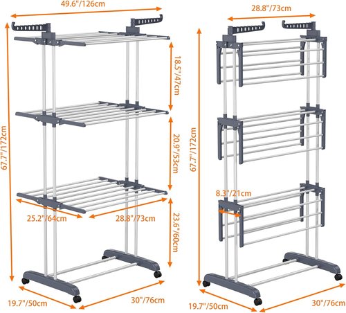 HOMIDEC Oversized 4-Tier Clothes Drying Rack - Foldable Stainless Steel with 24 Poles & 14 Hooks | Grey