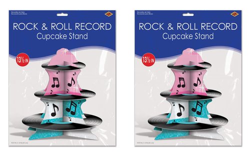 Beistle , 2 Piece Rock and Roll Record Cupcake Stand, 13.5", Multicolor