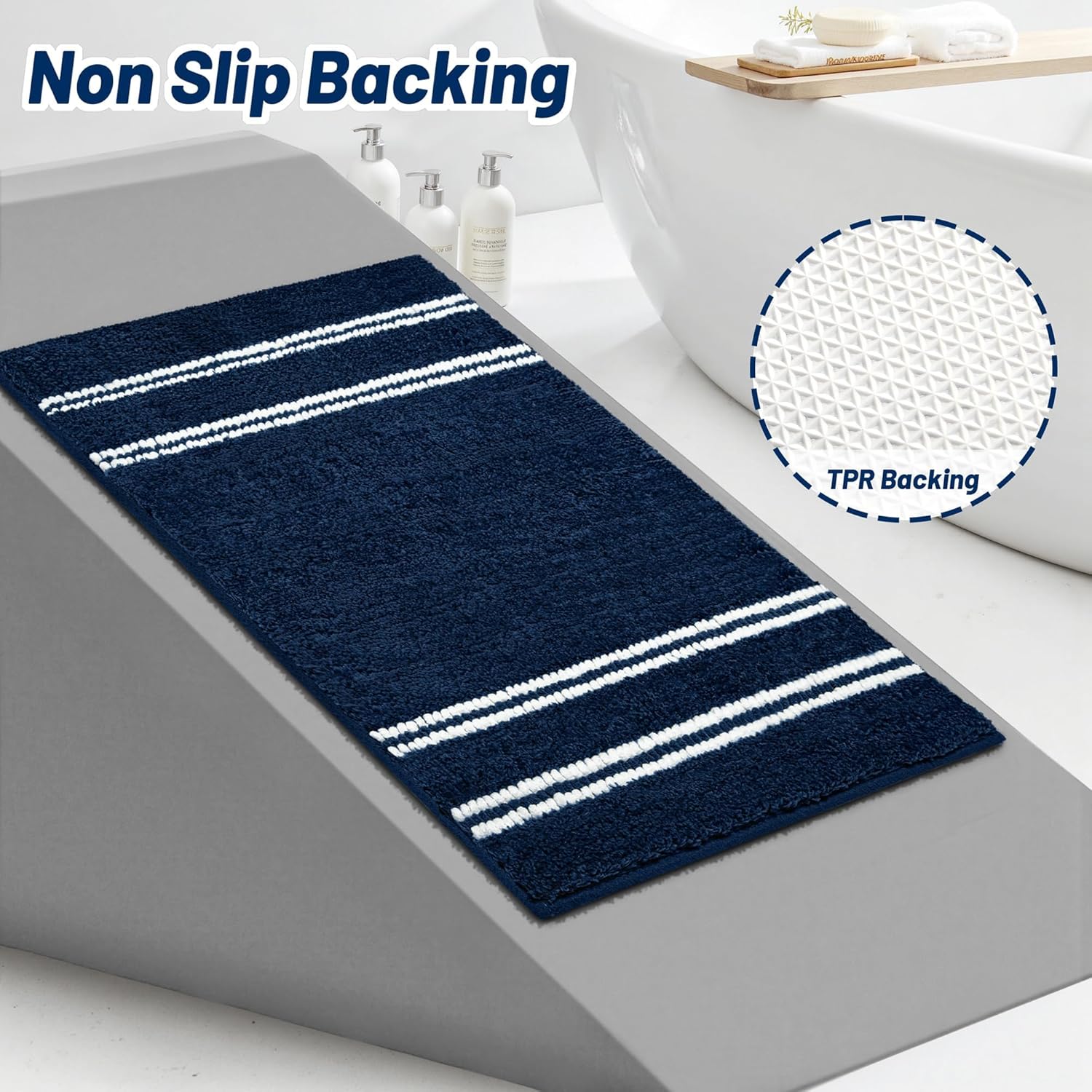 Skiennix Non-Slip Washable Bathroom Rugs - Ultra Soft, Super Absorbent Chenille Mat | 24x17, Navy