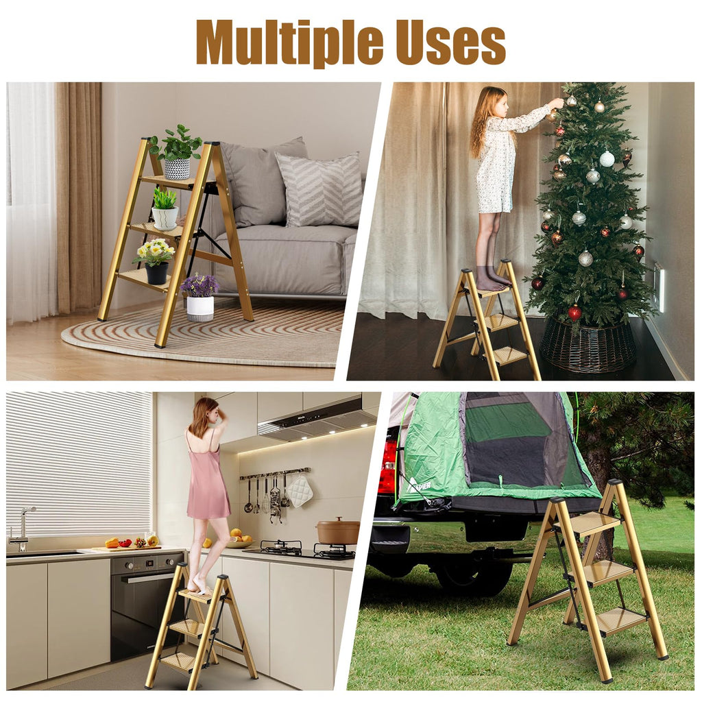 hismocal Foldable 3 Step Stool Ladder for Closet/Kitchen - Aluminium Gold Step Ladder, 330lbs Lightweight with Anti-Slip Wide Pedal, Portable for Kids/Adults