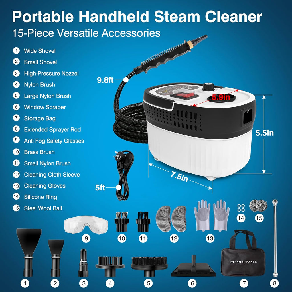Skiennix Steam Cleaner - 2500W High Pressure Portable Steamer with 6 Adjustable Levels & 17-Pc Kit