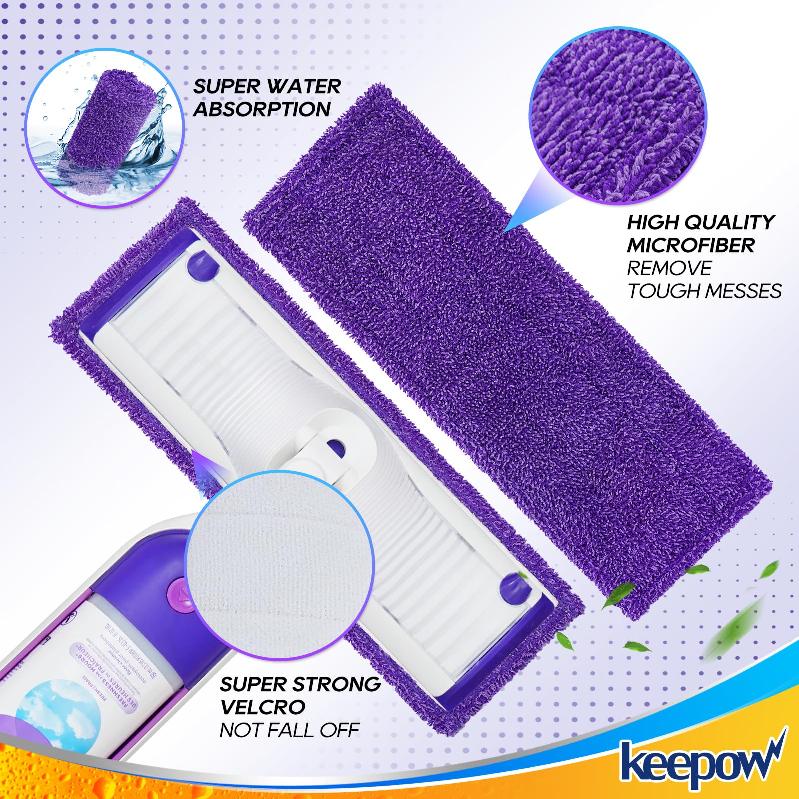 KEEPOW Reusable Pads for Swiffer Power Mop, Refill Pads for Swiffer Power Mop Wood Floor Cleaning, Microfiber Mop Pads for Hardwood Floors (2 Pack)