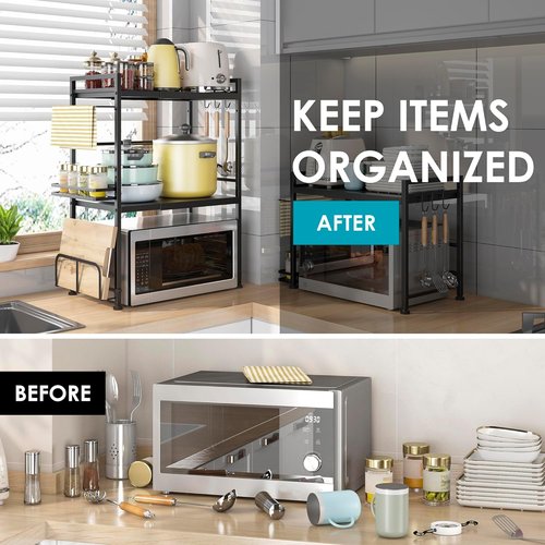 DOLALIKE Microwave Oven Rack - Expandable Countertop Storage with 6 Hooks | Durable Carbon Steel Design