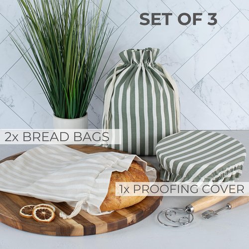 KIBAGA Beautiful Linen Bread Bag Set and Proofing Cover For Homemade Sourdough Bread - Keeps Your Loaf Fresh for Days - Reusable and Easy to Clean Storage Bag, The Perfect Baking Accessories