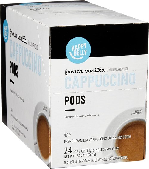 Happy Belly Cappuccino Coffee Pods - Light Roast French Vanilla Flavor | Compatible with 2.0 K-Cup Brewers, 24 Count
