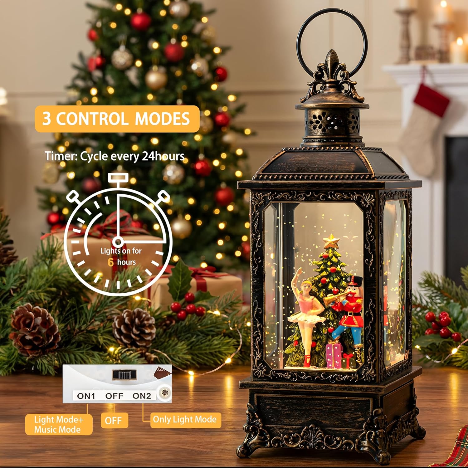 VISFLAIR Christmas Snow Globe Lantern - Musical Nutcracker & Ballerina Decoration | Battery or USB Powered