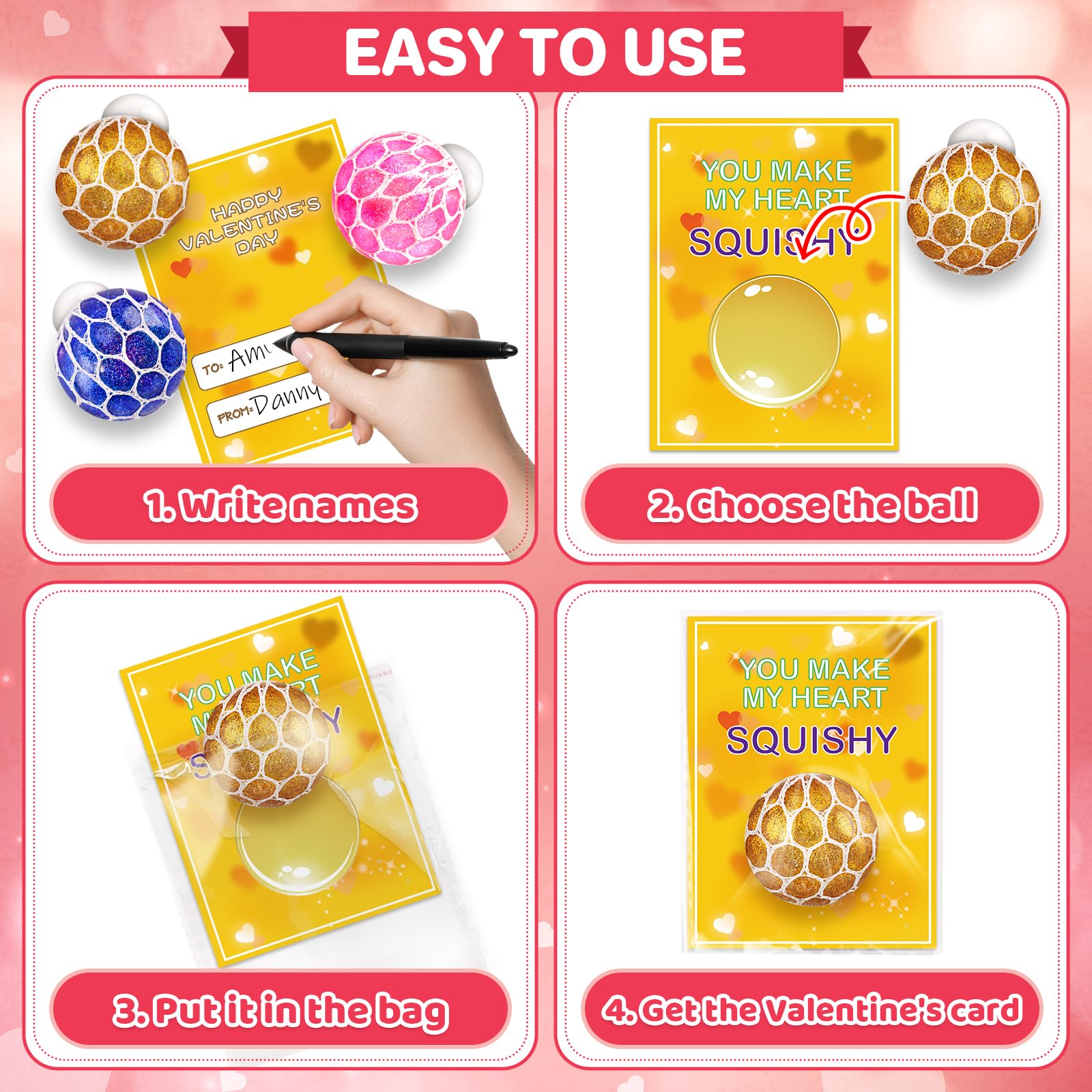 Hbjnnug 24 Pack Valentines Cards for Kids School Classroom, Kids Valentines Day Cards with Squeeze Ball Toys, School Classroom Valentines Day Gifts for Kids Exchange Valentine Party Favors Prize