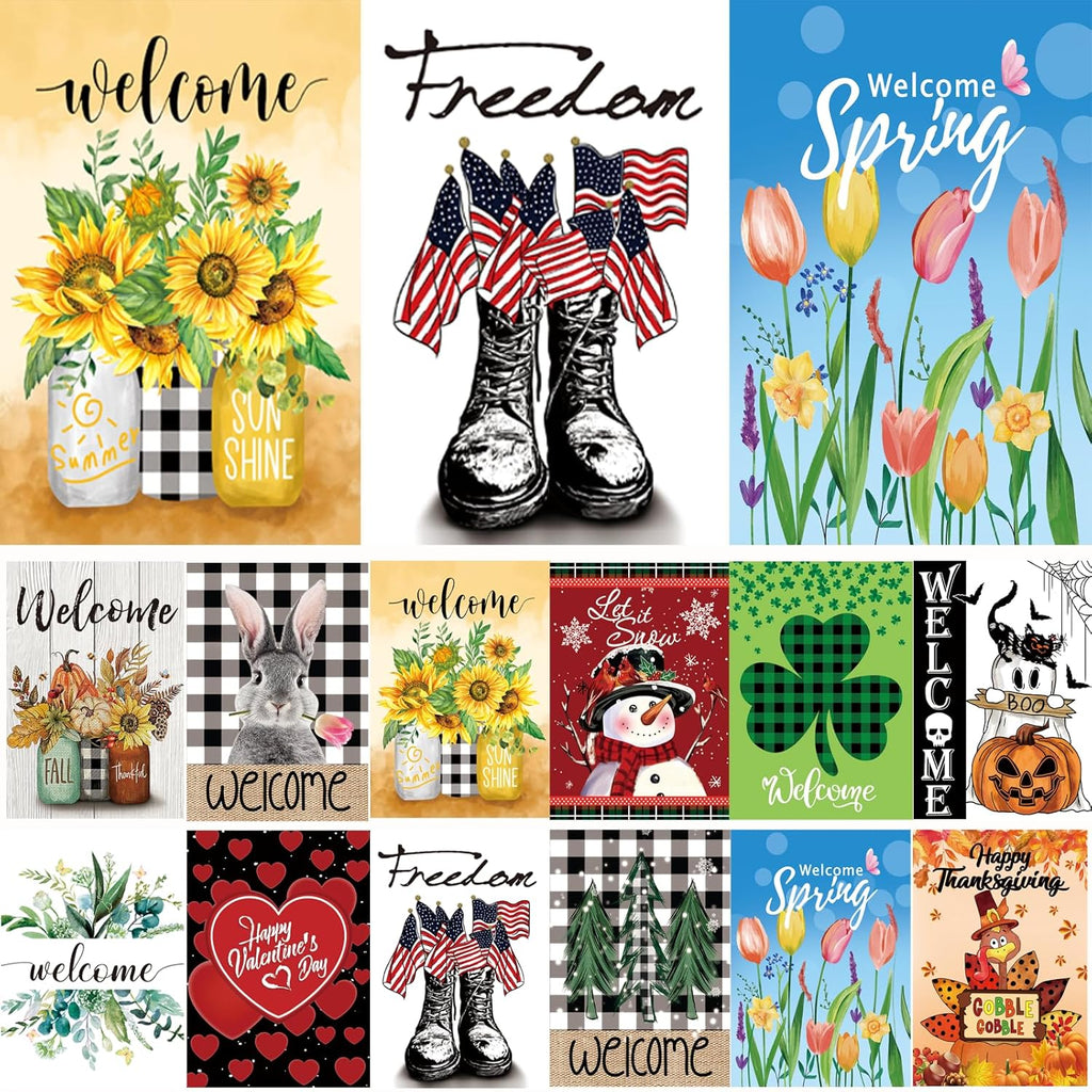 Seasonal Garden Flags by [Brand Name] - Set of 12 Double-Sided 12x18 Inch Outdoor Yard Flags for All Seasons