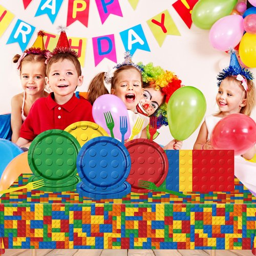 Building Block Party Supplies,61pcs Block Party Decorations Tableware Include Building Block Plates and Napkins,Tablecloth,Forks for Building Block Birthday Party Supplies,Serve 20