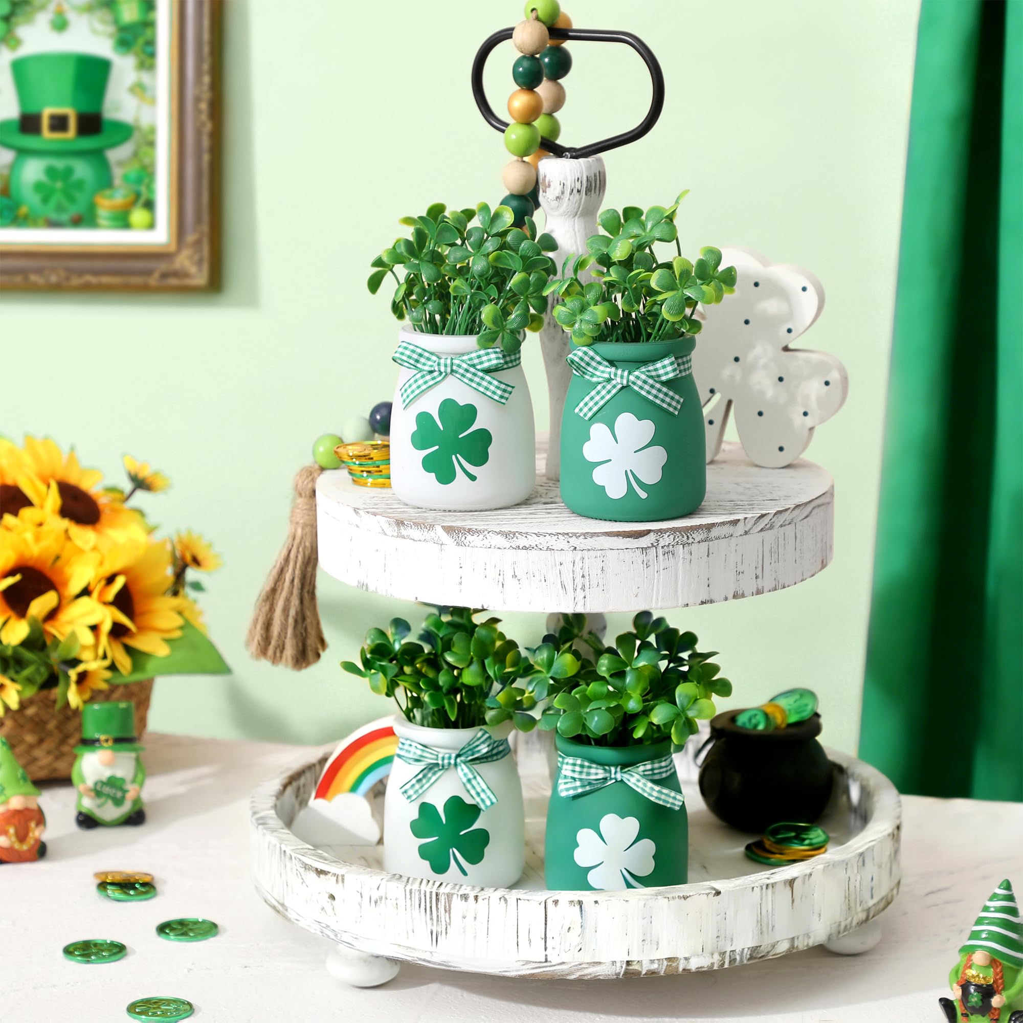 St Patricks Day Tiered Tray Decorations - 4 PCS Mini Mason Jars with Artificial Shamrock, Decorative Jars Centerpieces for Home Table Mantel St Patricks Party Supplies, Green Spring Decor