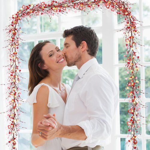 6.5 Ft Valentine's Day Garland Red Pink White Berry Heart Garland with LED Lights Artificial Vine for Valentines Wedding Anniversary Fireplace Mantel Table Home Wall Indoor Party Decor