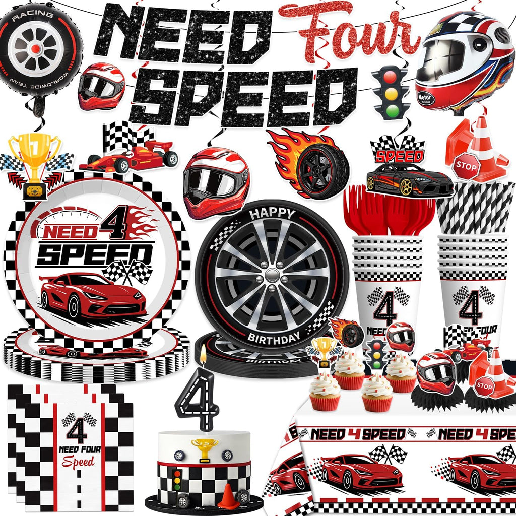 Need Four Speed Birthday Decorations Banner 4th Race Car Cake Topper Racing Balloons Plates and Napkins Need 4 Speed Decorations 4th Birthday 4 Year Old Boy Decorations