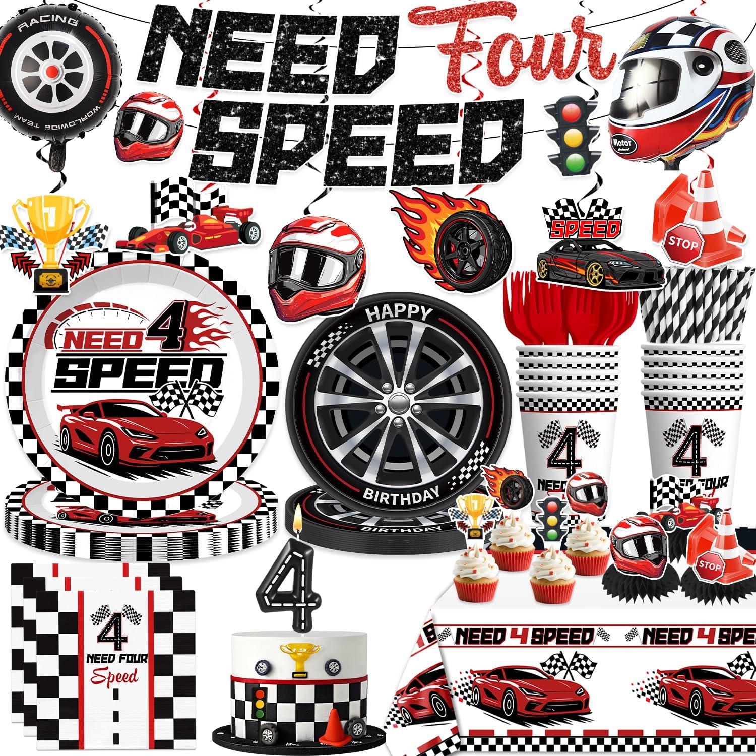 Need Four Speed Birthday Decorations Banner 4th Race Car Cake Topper Racing Balloons Plates and Napkins Need 4 Speed Decorations 4th Birthday 4 Year Old Boy Decorations