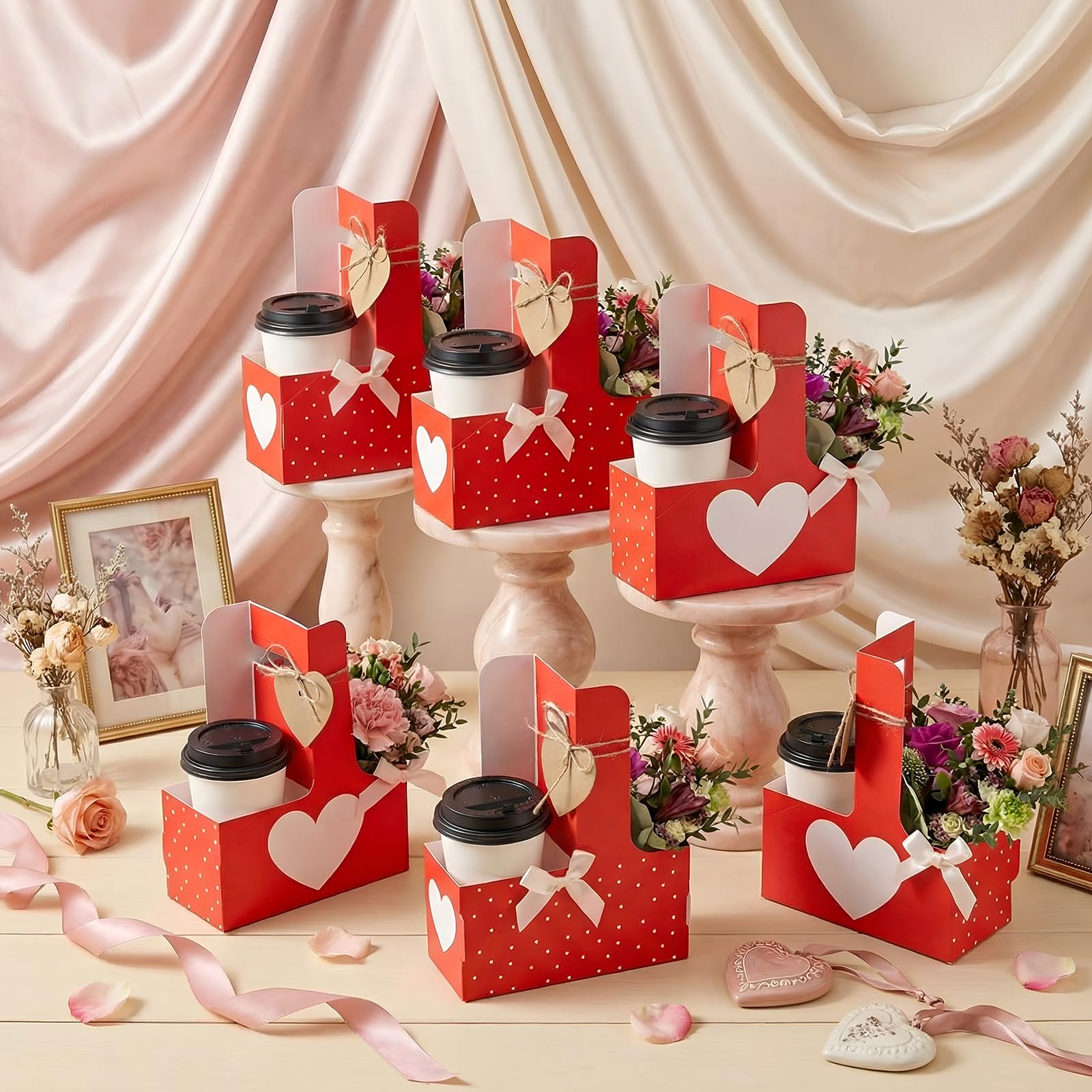 Tinlade 2 Cup Heart Disposable Drink Carrier with Handle Mother's Day Cup Holders Carrier Heart Wrap for Mother Day's Wedding Gift Drinks Coffee Food Delivery(24 Pack,Red)