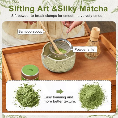 5Pcs Matcha Whisk Set, 18OZ Bowl With Spout, Japanese Ceremony Matcha Whisks Kit, 100% Natural Bamboo Whisk, Ceramic Whisk Holder (Green), Stainless Sifter, Tea Scoop, Gift for Matcha Lovers Beginner