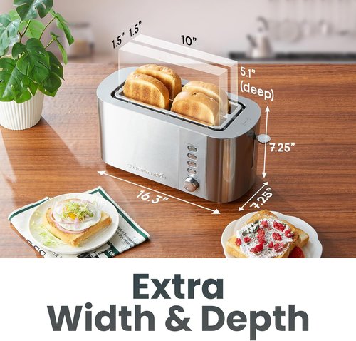 Elite Gourmet ECT4123X Long Slot 4-Slice Toaster - Extra Wide Slots, 6 Shade Settings, Stainless Steel